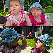 Esme And Lola is registered to the contest to win money with this photo: baby, child, denim_hat, floral_dress, outdoor, sunlight, grass, blanket, nature, greenery, cute, summer, portrait, two_children, hat, infant, playful, garden, sunny_day, toddler