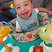 Osiris is registered to the contest to win money with this photo: baby, smiling, bib, toy, activity_center, indoor, child, happy, face, furniture, couch, colorful, playful, infant, person, clothing, cute, cheerful, closeup, portrait