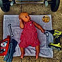 baby, baby_pose, barefoot, child, clothing, concrete, cute, drill, floor, infant, mechanic, oil_bottle, outdoor, red, striped, toddler, tools, towel, workshop, wrench