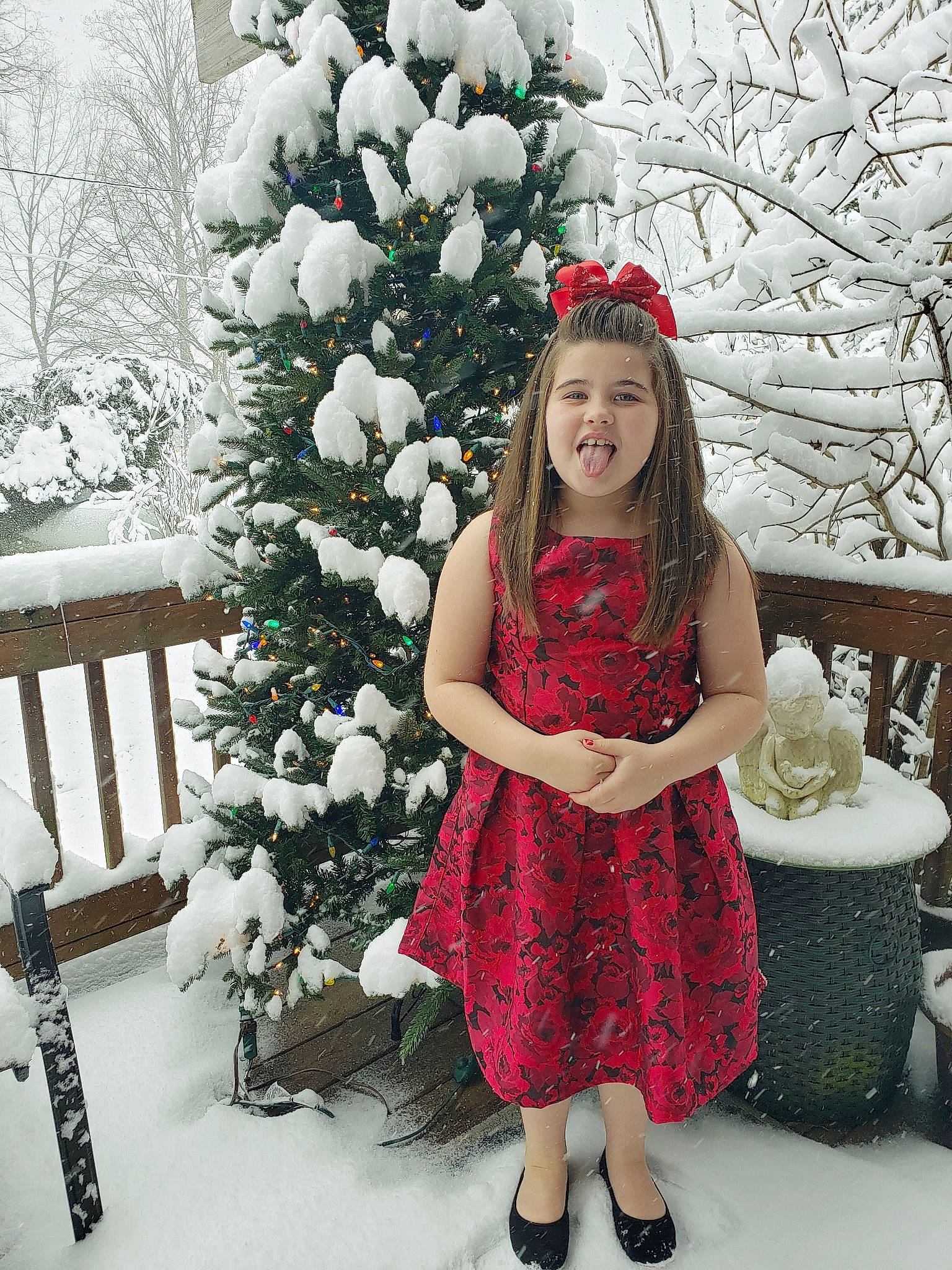 Koraline is registered to the contest to win money with this photo: christmas_decoration, christmas_ornament, clothing, dress, event, facial_expression, freezing, happy, head, holiday, holiday_ornament, human_body, leg, ornament, person, plant, smile, snow, tree, white