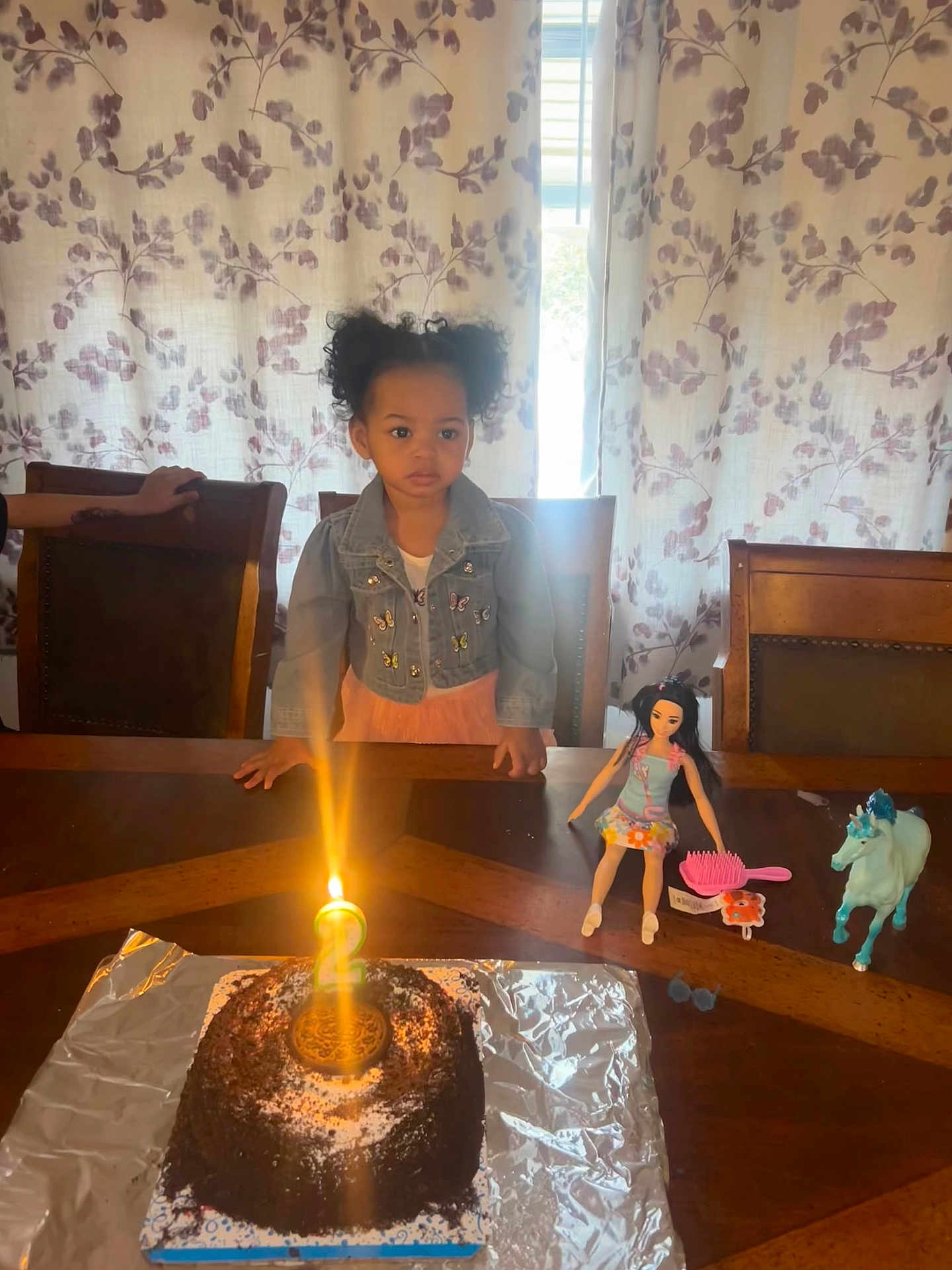 Leilani is registered to the contest to win money with this photo: child, birthday_cake, candle, table, doll, toy_horse, curtains, girl, pigtails, denim_jacket, room, celebration, foil, chocolate_cake, number_candle, wooden_chair, toy_brush, indoor, happy, party