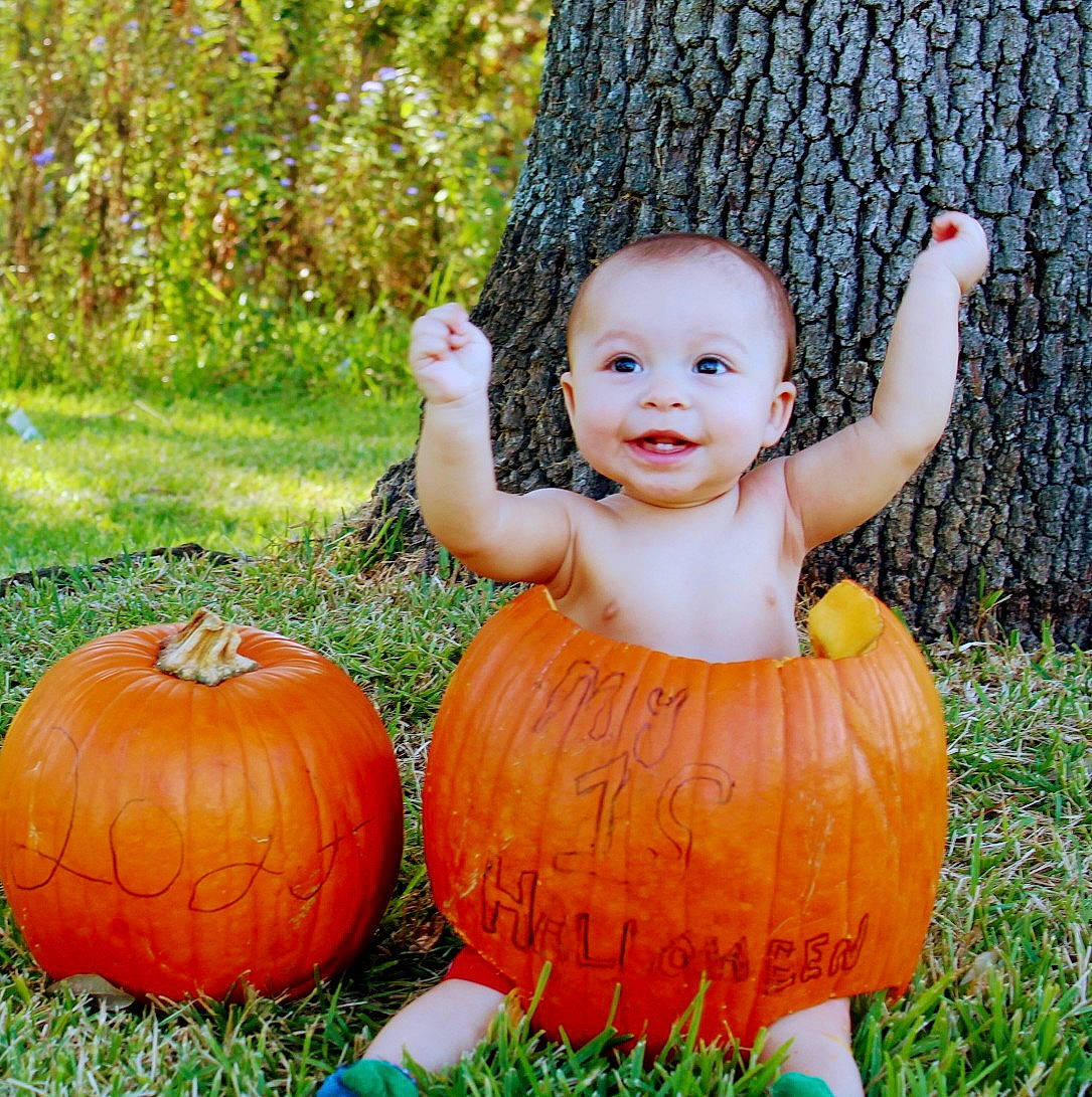 Tristian is registered to the contest to win money with this photo: botany, calabaza, cucurbita, eye, face, gourd, grass, happy, head, human_body, joy, leaf, orange, people_in_nature, person, photograph, plant, pumpkin, smile, squash