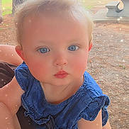 Aurora joined the competition — help win amazing prizes! baby, child, toddler, portrait, blue_outfit, ruffles, blonde_hair, blue_eyes, smiling, park, outdoor, tree, grass, bench, ground, daylight, sitting, being_held, sparkles, close_up
