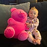 Aurora joined the competition — help win amazing prizes! baby, child, toddler, portrait, sitting, couch, teddy_bear, stuffed_animal, pink, plush_toy, smiling, face, indoor, home, pajamas, clothing, cushions, furniture, toys, cute