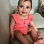 baby, child, smile, sitting, couch, indoor, clothing, infant, happy, person, furniture, cute, skin, face, legs, feet, hand, hair, eyes, room