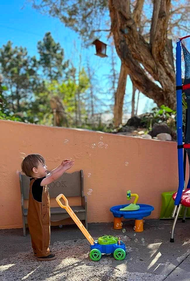 Kaiser is registered to the contest to win money with this photo: adaptation, asphalt, blue, child, flooring, fun, garden_tool, grass, human_settlement, leisure, neighbourhood, person, play, road_surface, sky, soil, tire, tree, wheel, wheelbarrow