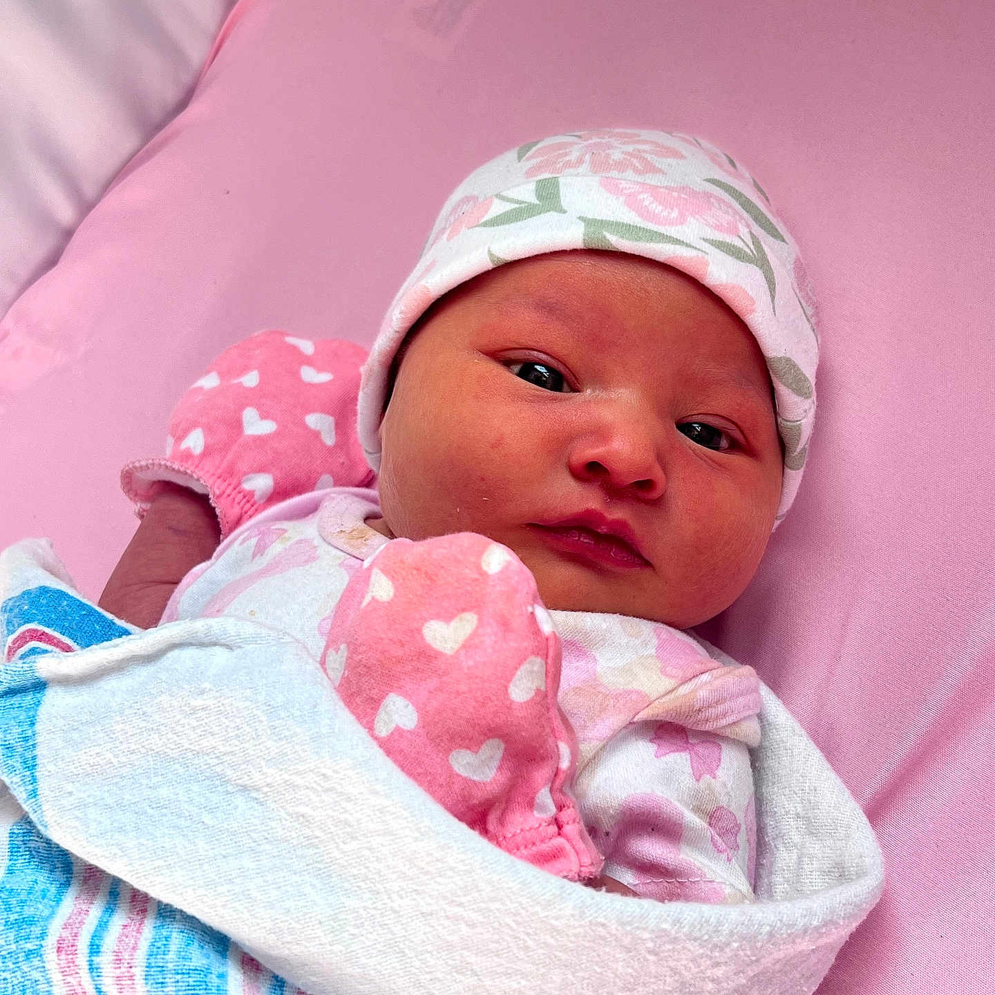 Hailey joined the competition — help win amazing prizes! baby, bed, blanket, child, cute, face, hat, indoors, infant, lying_down, mittens, newborn, peaceful, pink, portrait, resting, sleepwear, soft, wrapped, young