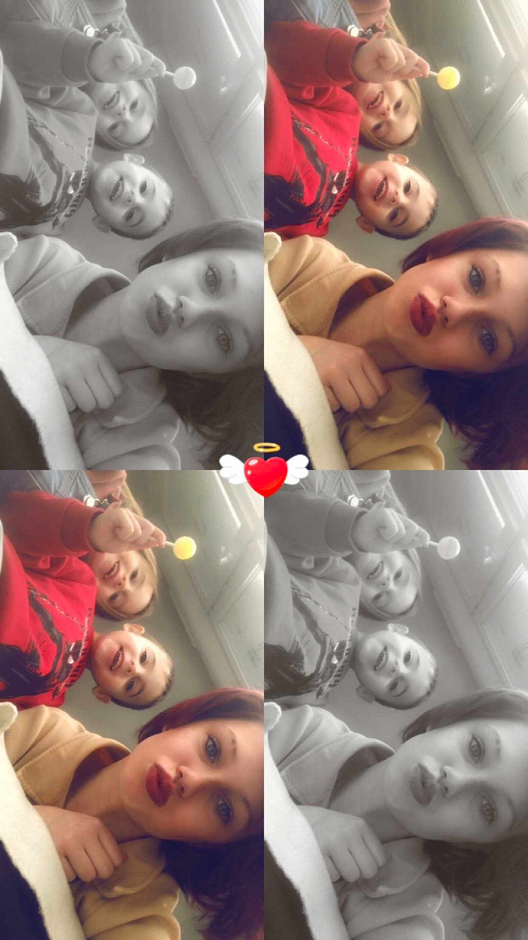 Peyton participe au concours pour gagner de l'argent avec cette photo : black_and_white, casual_clothing, child, collage, color, family, fun, happy, heart_emoji, indoors, light, lollipop, playful, portrait, selfie, smile, three_people, window, woman, young