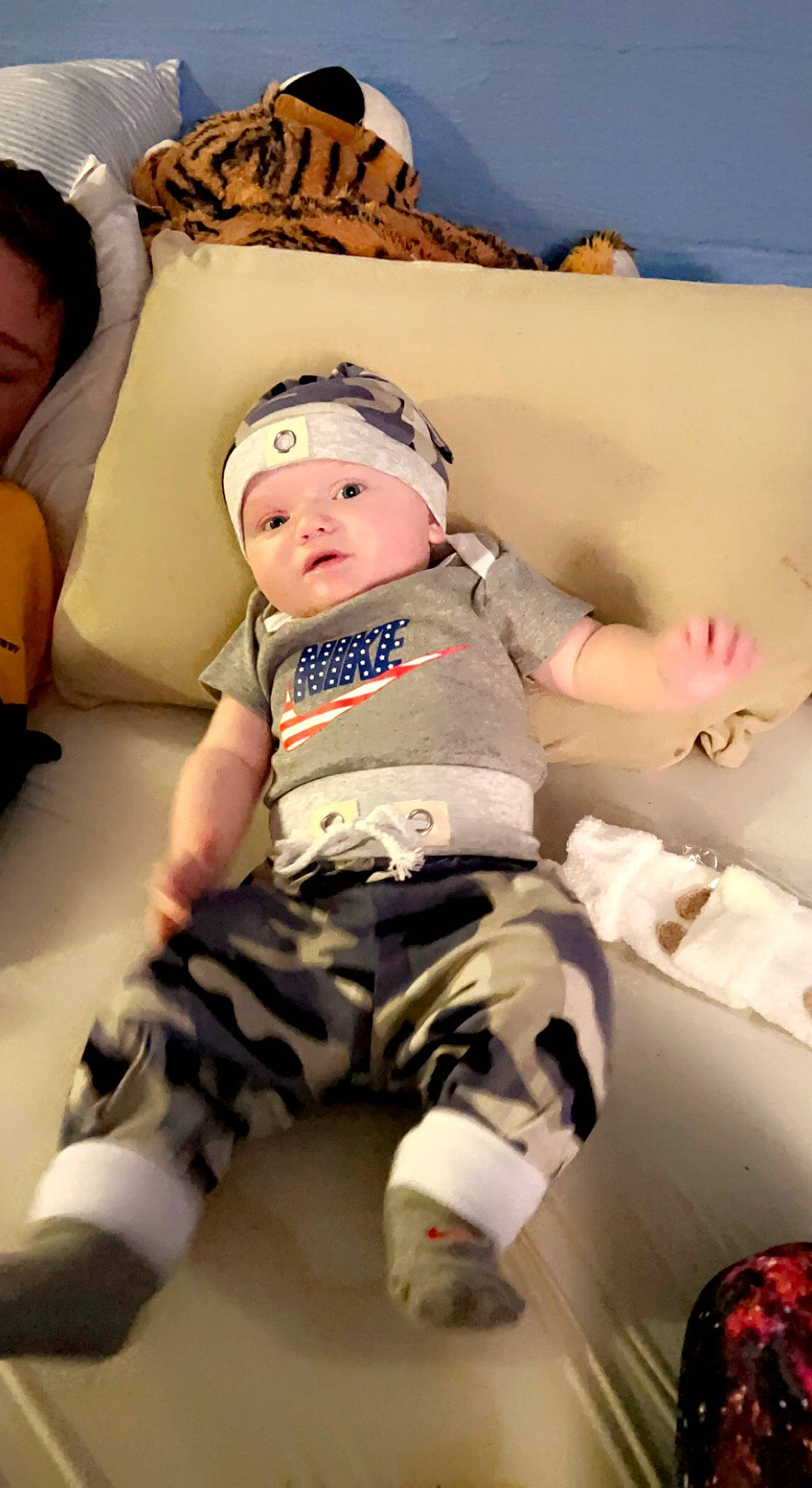 Graysen joined the competition — help win amazing prizes! baby, baby_toddler_clothing, child, comfort, couch, eyewear, flooring, fun, happy, hat, headwear, human_leg, knee, landscape, leisure, person, personal_protective_equipment, sitting, sky, sock