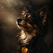 Foxy joined the competition — help win amazing prizes! dog, pet, portrait, fluffy_fur, tricolor, collar, heart_tag, brown_eyes, attentive, looking_up, studio_lighting, dramatic_lighting, close_up, ears, muzzle, whiskers, soft_background, bokeh, soulful, majestic