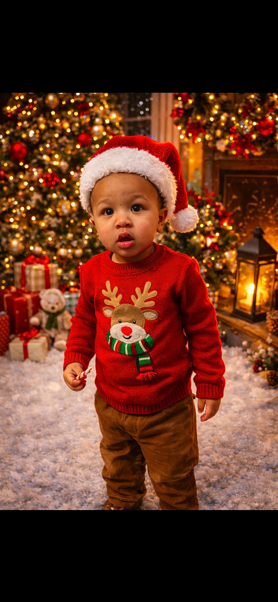 Kyson Orr is registered to the contest to win money with this photo: toddler, child, christmas, holiday, santa_hat, red_sweater, reindeer, candy_cane, christmas_tree, presents, lights, lantern, decorations, indoors, festive, winter, cozy, cute, portrait, celebration