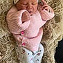 Hélyana a rejoint le concours — aidez-le/la à gagner de superbes lots ! baby, blanket, child, clothing, cozy, cute, fluffy, hat, hearts, indoors, infant, newborn, patterned_pants, pink_sweater, portrait, resting, sleeping, soft, wearing, young
