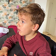Jules.e participe au concours pour gagner de l'argent avec cette photo : child, boy, indoor, table, sitting, maroon_sweater, curly_hair, face, hands, wallpaper, leaf_pattern, home, chair, expression, profile, casual_clothing, young, curious, light, furniture