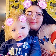Charlotte joined the competition — help win amazing prizes! child, adult, toddler, glasses, selfie, flower_ears, bubbles, wallpaper, chicken_pattern, smile, indoor, portrait, holding, sitting, blue_shirt, long_hair, blond_hair, person, soft_lighting, digital_filter