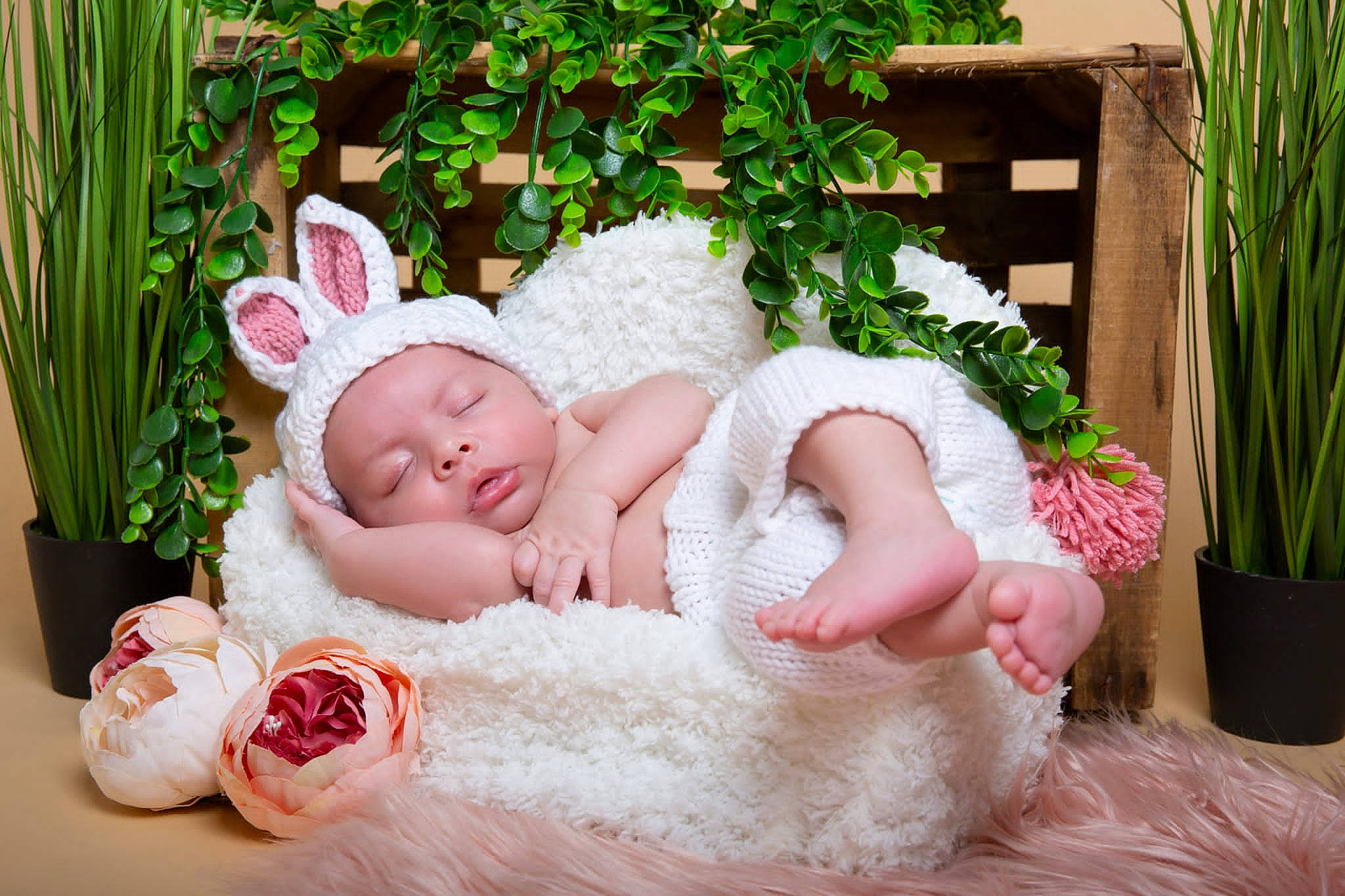 Djenna a rejoint le concours — aidez-le/la à gagner de superbes lots ! baby, baby_toddler_clothing, child, costume_hat, fashion_accessory, fawn, flowerpot, grass, green, hair_accessory, headband, headgear, headpiece, headwear, houseplant, person, pink, plant, rose, sitting