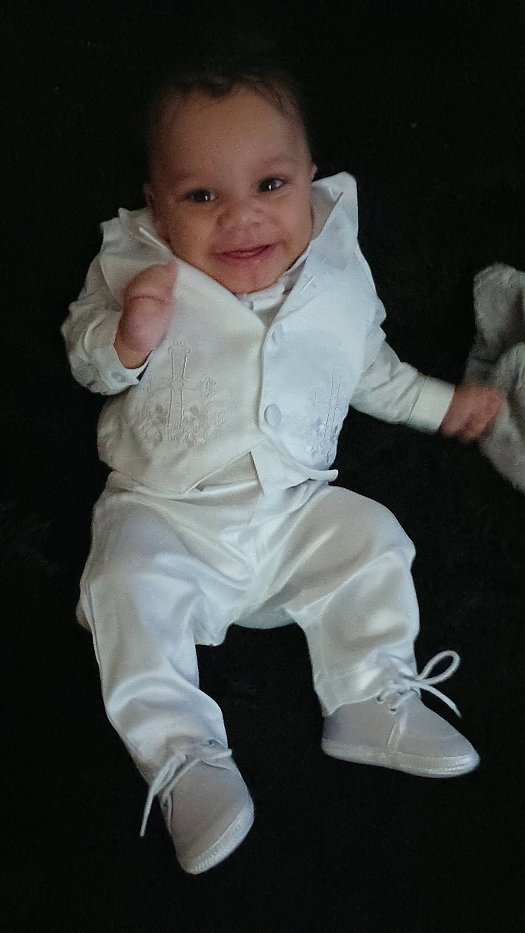 Isaiah joined the competition — help win amazing prizes! baby, bodypart, clothing, dress, face, finger, footwear, formalwear, hand, head, longsleeve, pants, person, photography, portrait, shirt, shoe, sleeve, sneaker, suit