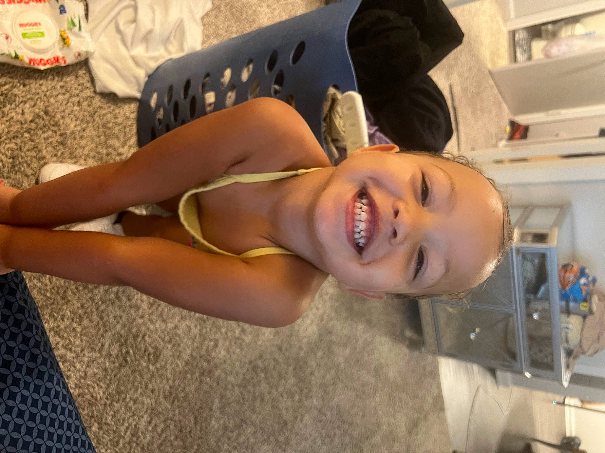Arianna joined the competition — help win amazing prizes! abdomen, barechested, chest, child, eyelash, flash_photography, flooring, foot, fun, happy, hat, human_leg, joy, knee, leisure, person, shorts, smile, thigh, toddler