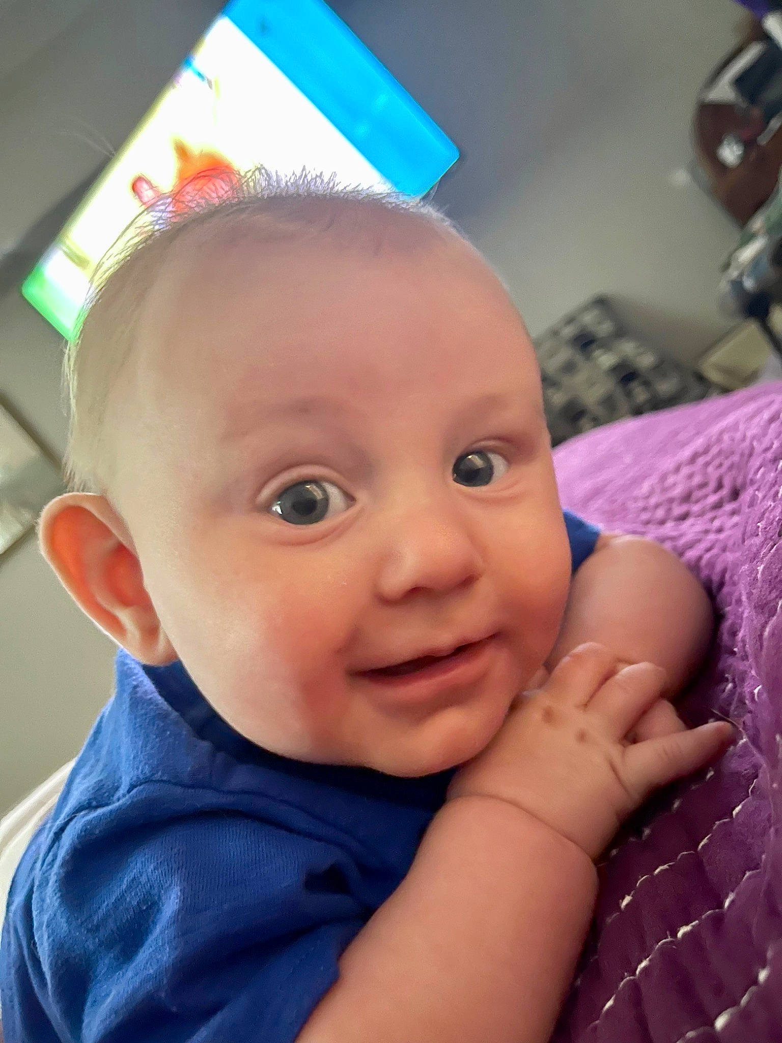 Dominick joined the competition — help win amazing prizes! baby, baby_toddler_clothing, cheek, child, eyebrow, eyelash, fun, gesture, hand, happy, hat, iris, lip, mouth, nose, person, purple, skin, smile, thumb