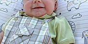 Jasper joined the competition — help win amazing prizes! baby, smiling, child, plaid_overalls, green_shirt, pillow, elephant_pattern, outdoor, grass, cute, face, infant, portrait, happy, lying_down, young_child, clothing, baby_boy, background, soft
