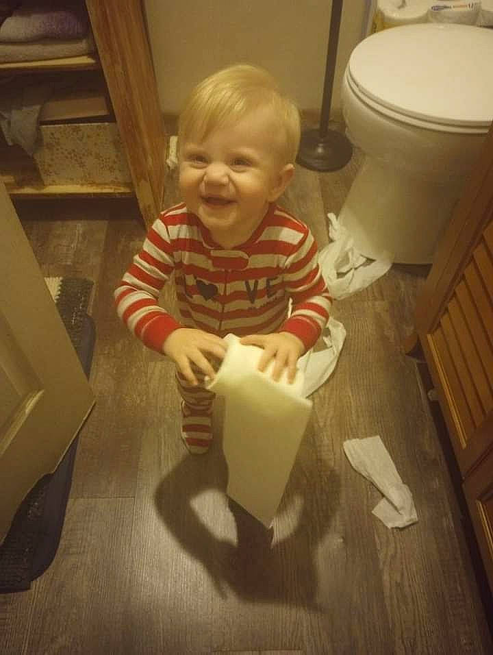 Nova Rae joined the competition — help win amazing prizes! baby, bathroom, child, cloud, flooring, fun, happy, hardwood, household_supply, joy, paper, paper_product, person, room, sitting, smile, square, tissue_paper, toddler, toilet