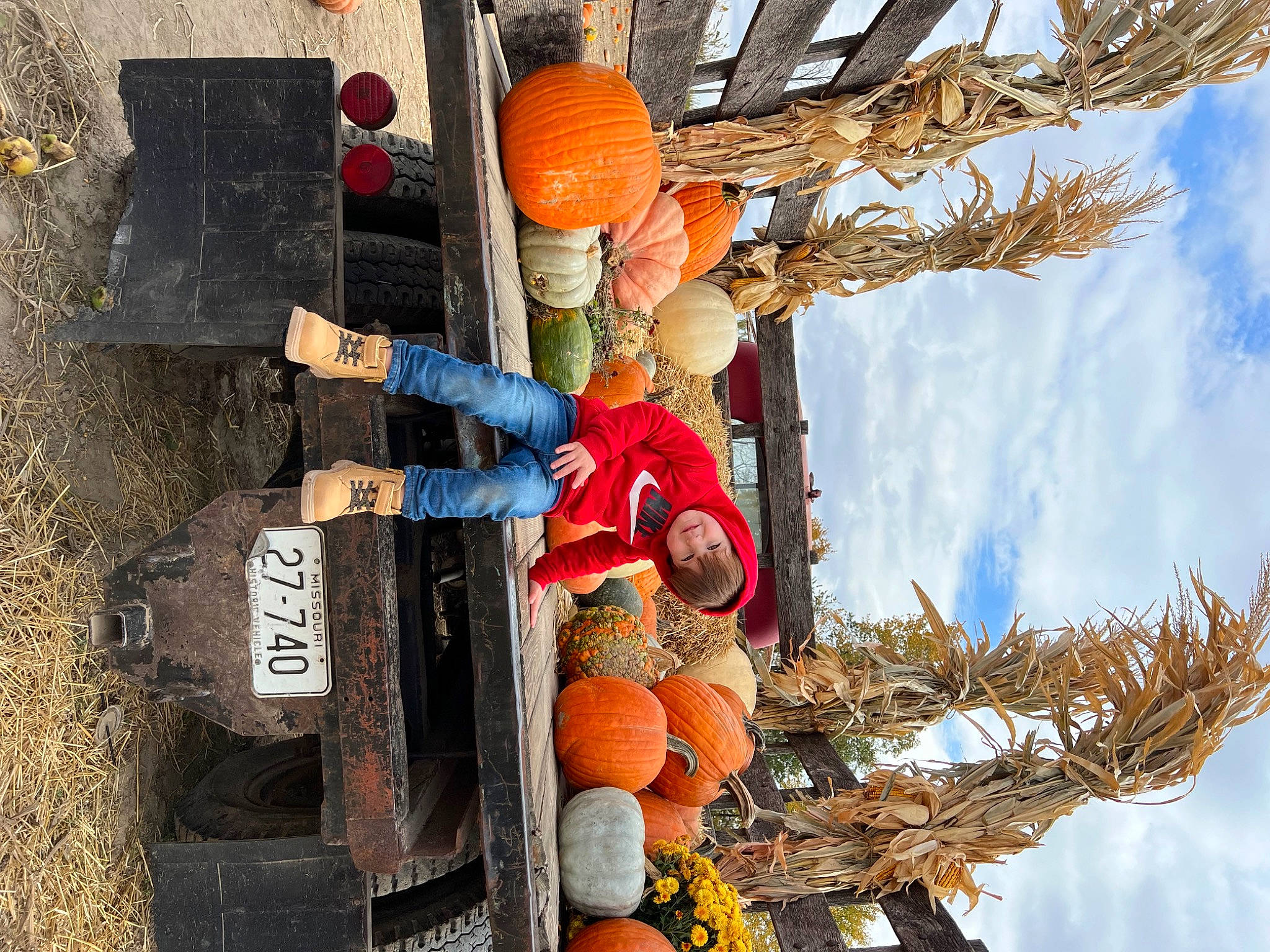 Steven is registered to the contest to win money with this photo: calabaza, cloud, cucurbita, food, fruit, gourd, hat, helmet, natural_foods, person, plant, pumpkin, scarecrow, sky, squash, tire, tree, twig, vegetable, winter_squash