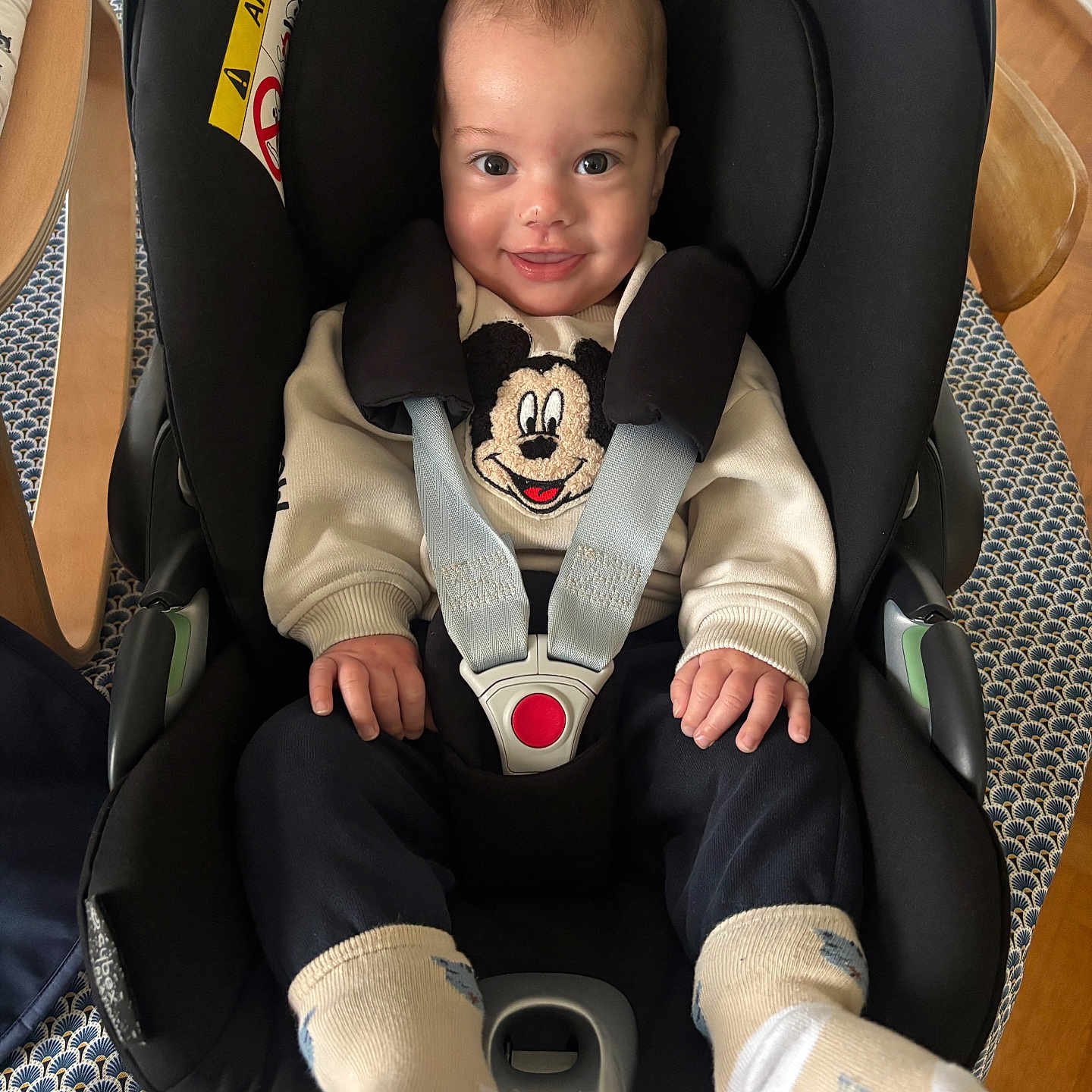 Martin a rejoint le concours — aidez-le/la à gagner de superbes lots ! baby, car_seat, child, clothing, comfort, cute, face, hands, happy, indoor, infant, mickey_mouse, patterned_tablecloth, person, portrait, seatbelt, smile, socks, sweater, wooden_chair