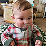 Ezekiel joined the competition — help win amazing prizes! baby, bow_tie, carpet, chair, child, christmas, cushion, face, furniture, hands, home, indoor, infant, living_room, milk_mustache, plaid_outfit, portrait, red_clothing, sitting, smiling