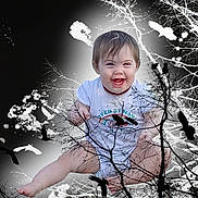 Katelynn is registered to the contest to win money with this photo: artistic, baby, background, birds, black_and_white, child, contrast, crows, dark, face, happy, infant, legs, light, nature, onesie, sitting, smiling, superimposed, tree_branches