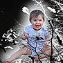 artistic, baby, background, birds, black_and_white, child, contrast, crows, dark, face, happy, infant, legs, light, nature, onesie, sitting, smiling, superimposed, tree_branches