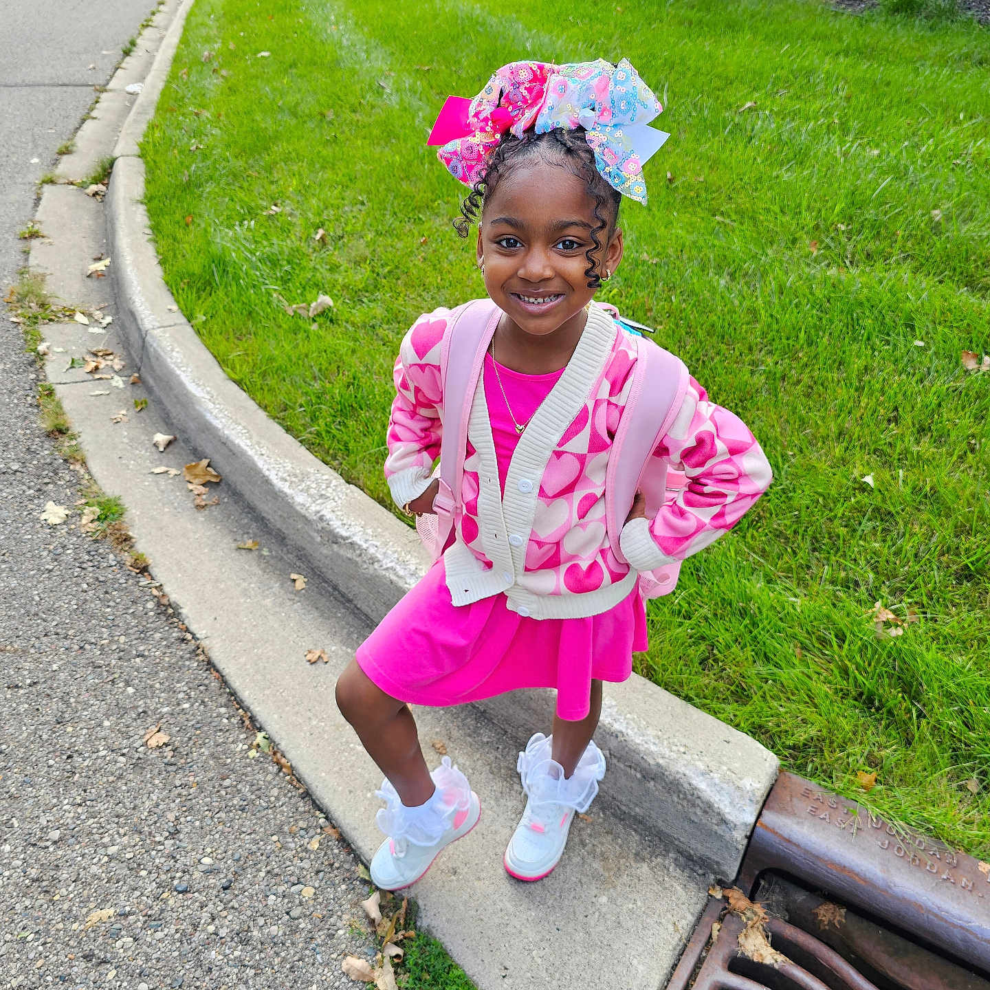 Journi is registered to the contest to win money with this photo: child, clothing, dress, face, female, footwear, girl, grass, head, nature, outdoors, park, path, person, photography, plant, portrait, road, sidewalk, walkway