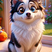 Aiko a rejoint le concours — aidez-le/la à gagner de superbes lots ! animated, background, black_and_white, blue_eye, brown_eye, carpet, cartoon, cozy, cute, dog, fluffy, heterochromia, home, indoor, pet, sitting, smiling, sunlight, toy, window