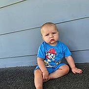 Tobias joined the competition — help win amazing prizes! baby, barefoot, blue_clothing, casual, child, concrete_floor, cute, daylight, gray_wall, outdoor, paw_patrol, person, playtime, portrait, serious_expression, short_hair, sitting, toddler, toy, young_child
