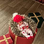 Harmoni joined the competition — help win amazing prizes! baby, child, infant, pajamas, red_hat, fur_lining, basket, gift_box, present, holiday, christmas, flooring, wood_floor, cozy, cute, indoors, festive, relaxing, small, adorable