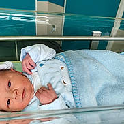 Nathan participe au concours pour gagner de l'argent avec cette photo : newborn, baby, infant, hospital, bassinet, blanket, blue, clothing, hat, bed, face, person, sleeping, indoors, hospital_room, resting, cute, small_hands, portrait, peaceful