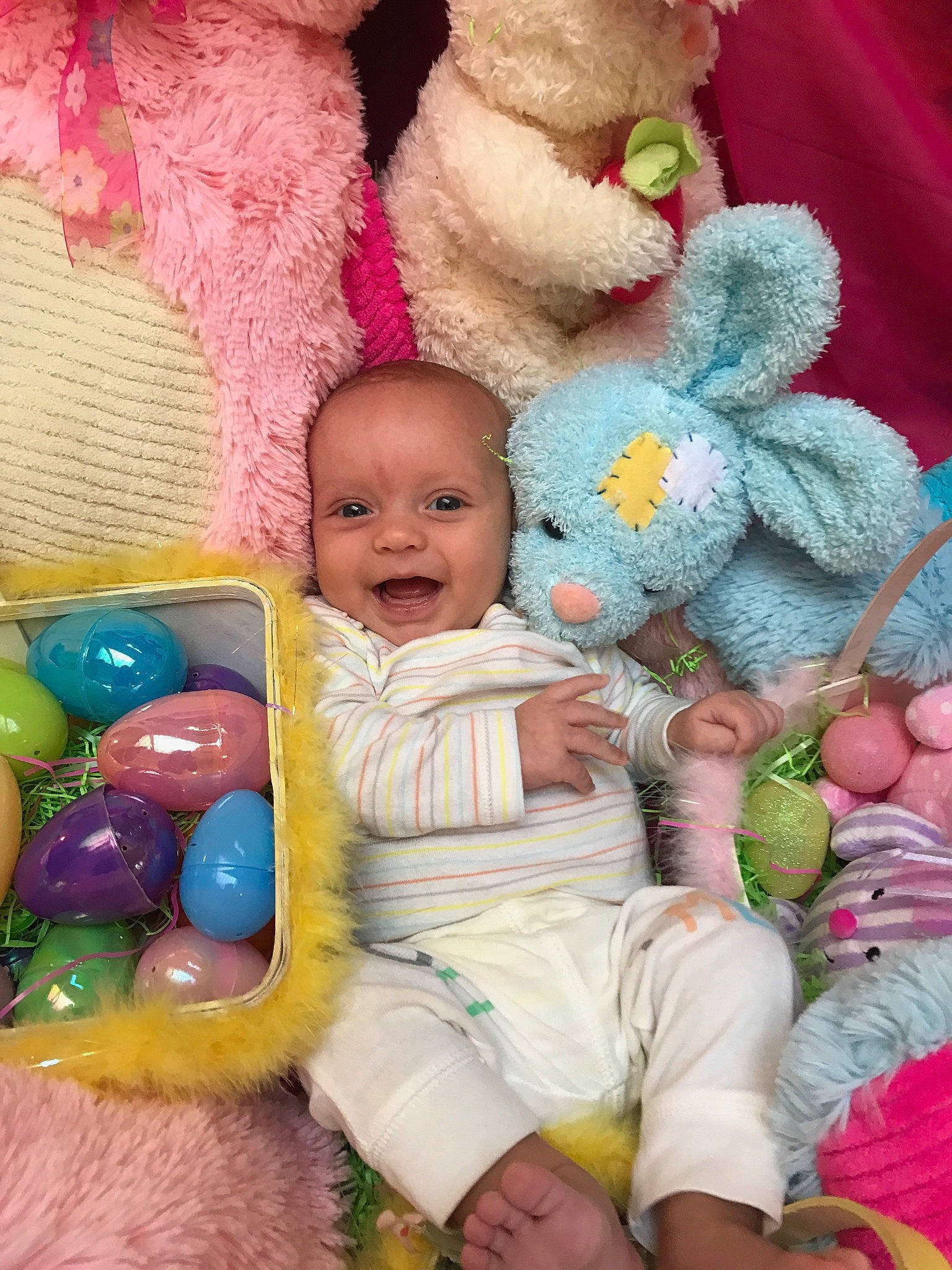 Chance is registered to the contest to win money with this photo: baby, baby_toys, child, person, pink, stuffed_toy, toddler, toy, wool