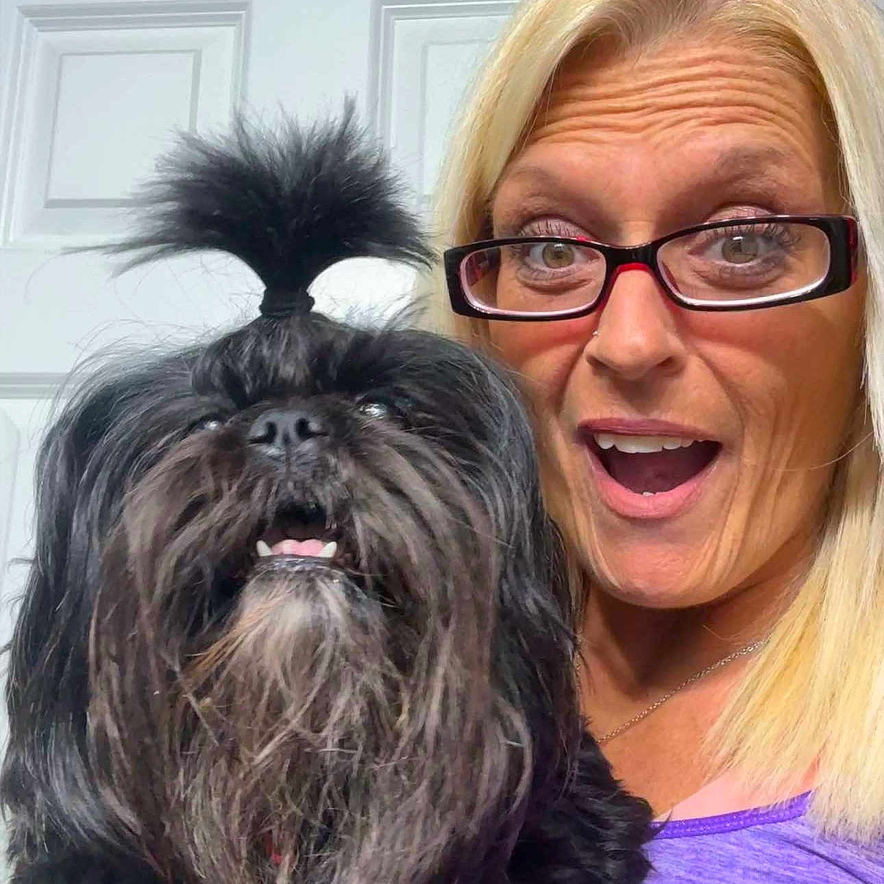 Shianne joined the competition — help win amazing prizes! accessories, adult, affenpinscher, animal, bodypart, canine, dog, door, face, female, glasses, head, jewelry, mouth, necklace, person, pet, photography, portrait, woman