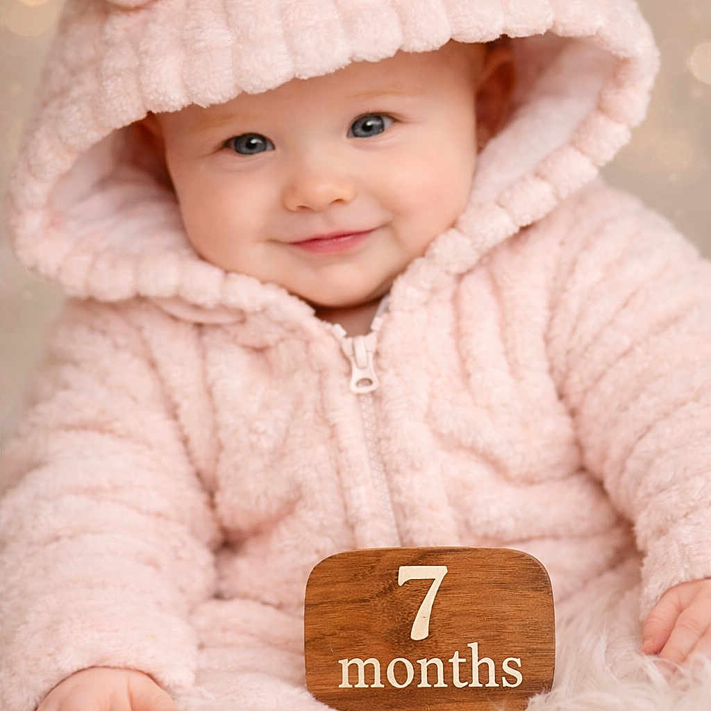 Emerald is registered to the contest to win money with this photo: 7_months, baby, bear_ears, blue_eyes, bokeh_background, child, close_up, cute, face, fluffy_clothing, happy, indoors, infant, milestone, pink_hoodie, portrait, sitting, smiling, soft_blanket, wooden_plaque
