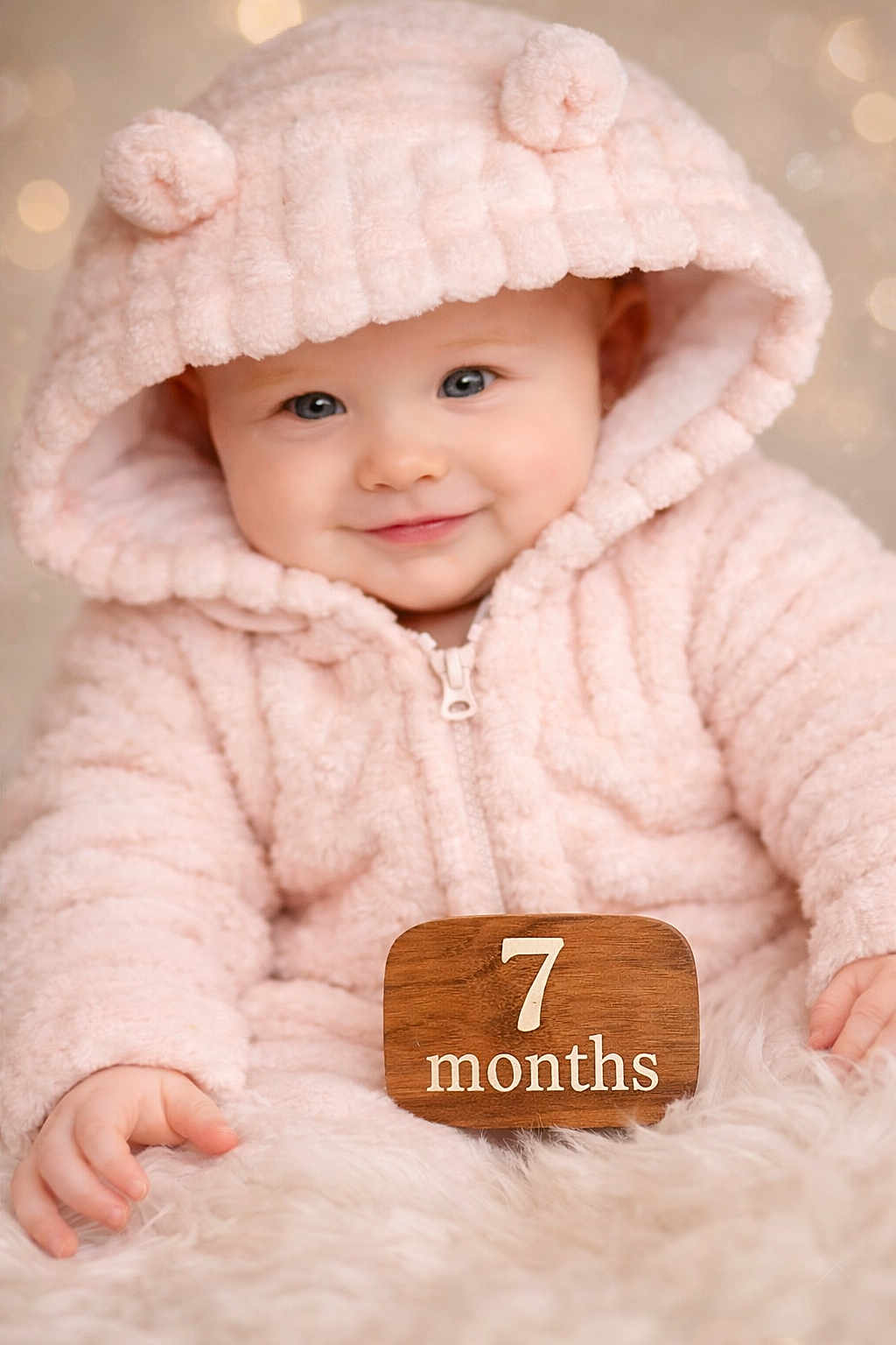 Emerald is registered to the contest to win money with this photo: 7_months, baby, bear_ears, blue_eyes, bokeh_background, child, close_up, cute, face, fluffy_clothing, happy, indoors, infant, milestone, pink_hoodie, portrait, sitting, smiling, soft_blanket, wooden_plaque