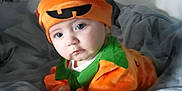 Ajay joined the competition — help win amazing prizes! baby, bed, blanket, child, clothing, costume, curious, cute, expression, face, green_collar, halloween, holiday, indoor, laying, orange_hat, portrait, pumpkin_costume, soft, toddler