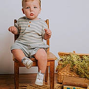 Noah joined the competition — help win amazing prizes! toddler, child, chair, wooden_chair, striped_shirt, shorts, white_sneakers, basket, greenery, plants, books, vintage_books, rug, floor, indoor, portrait, curious_expression, seated, baby, cozy