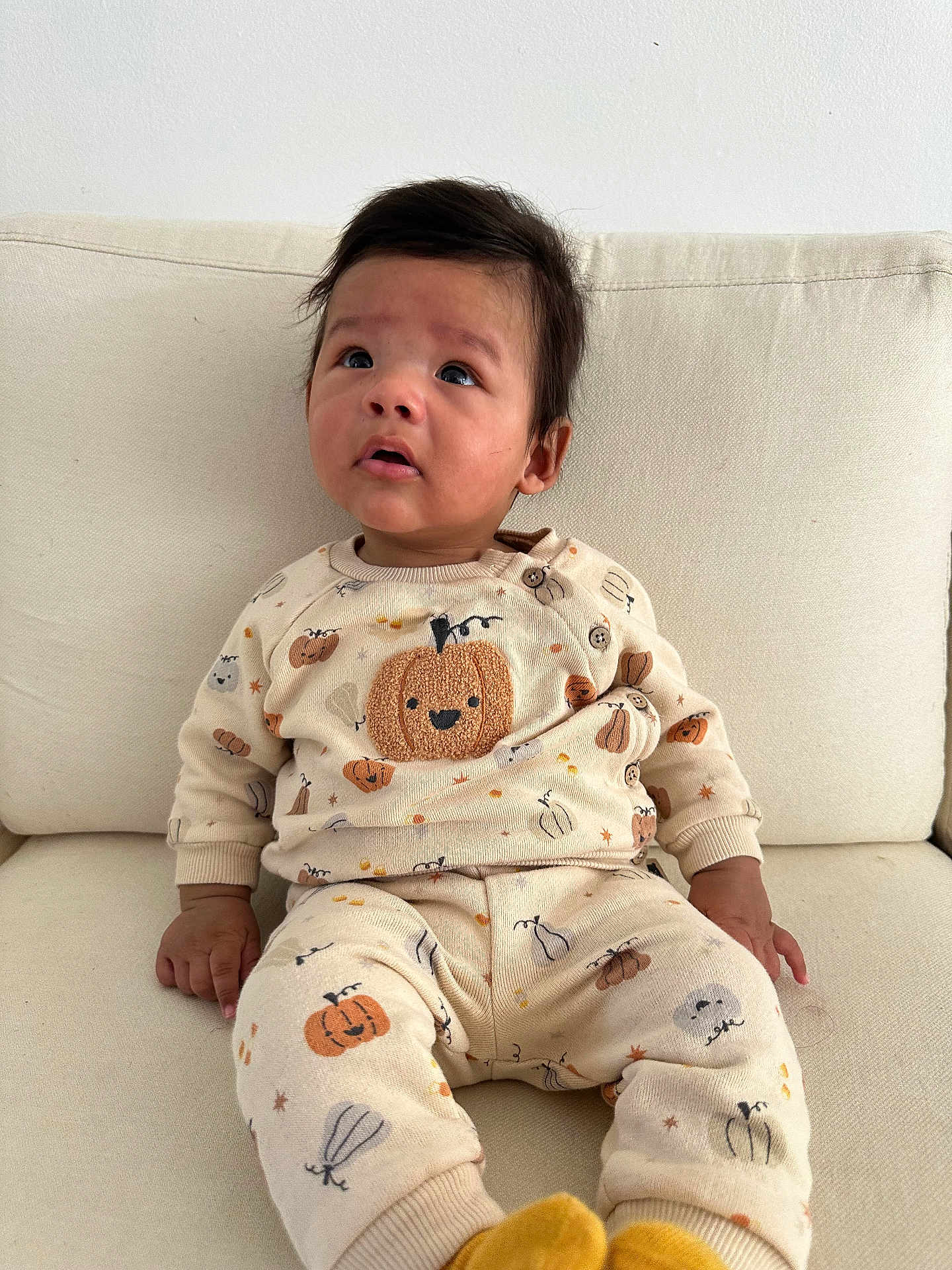 Lorenzo is registered to the contest to win money with this photo: baby, child, infant, pumpkin, sweater, pants, yellow_socks, couch, indoor, curious, sitting, face, person, clothing, cozy, soft_fabric, expression, looking_up, cute, homedecor