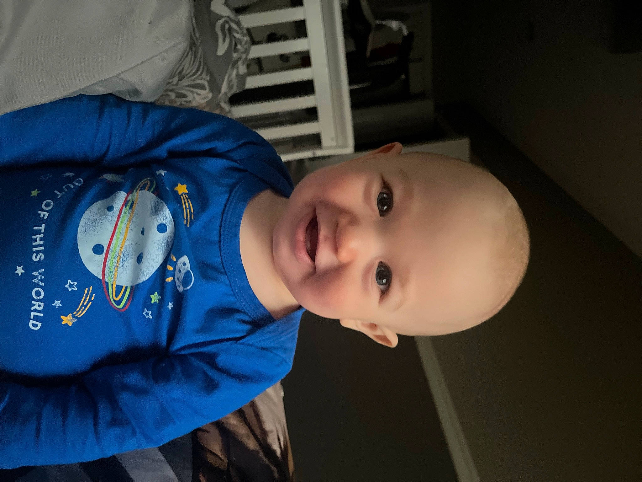 Harrison joined the competition — help win amazing prizes! baby, baby_toddler_clothing, cheek, child, elbow, electric_blue, flash_photography, fun, human_body, joy, person, sitting, sleeve, smile, toddler, wood