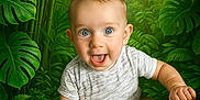 Sebastian is registered to the contest to win money with this photo: baby, bamboo, blue_eyes, child, cute, forest, greenery, happy, infant, jungle, leaves, monstera, nature, outdoor, plants, portrait, sitting, smiling, tropical, white_onesie