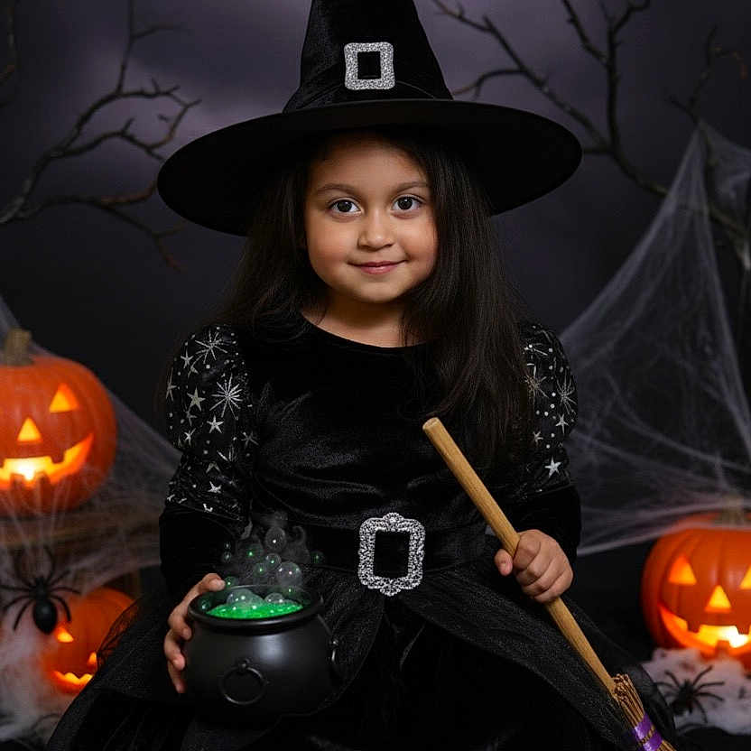 Ayla is registered to the contest to win money with this photo: black_dress, black_hat, broom, cauldron, child, costume, decorations, girl, green_liquid, halloween, indoor, jack_o_lantern, long_hair, portrait, pumpkin, purple_skirt, smile, spider_web, spooky, witch_costume
