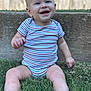 baby, child, grass, outdoor, smiling, happy, onesie, striped_clothing, barefoot, person, sitting, cute, infant, nature, young_child, daylight, face, skin, head, expression