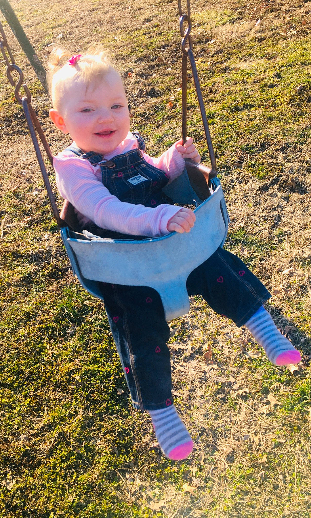 Marlie is registered to the contest to win money with this photo: child, joy, outdoor_play_equipment, person, play, playground, smile, swing, toddler