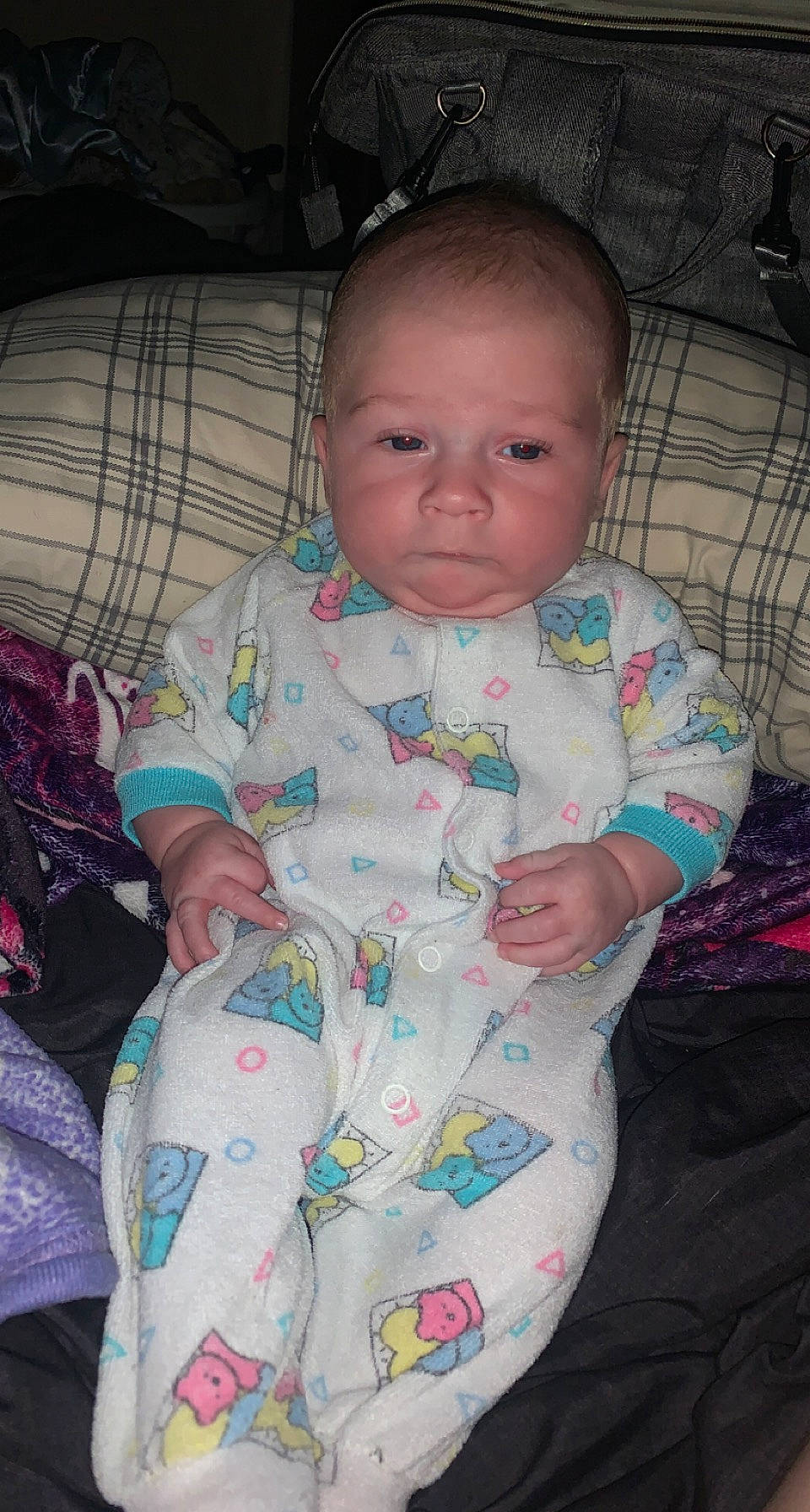 Drayven joined the competition — help win amazing prizes! baby, baby_products, baby_toddler_clothing, cheek, child, comfort, head, human_body, iris, lap, linens, mouth, nightwear, nose, person, room, sitting, skin, sleeve, textile