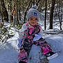 toddler, child, snow, winter_clothing, mittens, hat, forest, trees, outdoor, rock, smiling, sitting, pants, shoes, nature, daylight, cold_weather, person, playful, cute