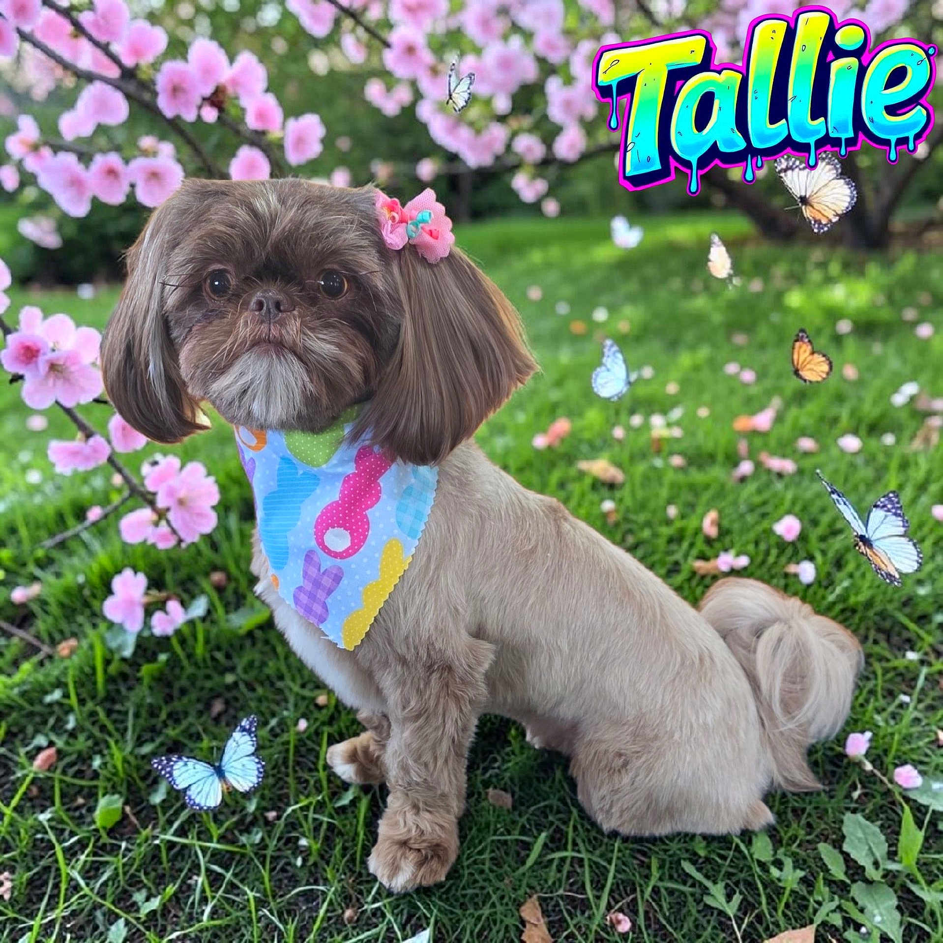Tallie joined the competition — help win amazing prizes! dog, small_dog, bandana, flower, pink_flower, grass, greenery, blossoms, pink_blossoms, butterflies, colorful_text, outdoor, nature, cute, pet, animal, portrait, fur, garden, spring