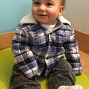 Lizio participe au concours pour gagner de l'argent avec cette photo : toddler, child, smiling, plaid_jacket, blue, white, socks, green_surface, indoor, curly_hair, cute, seated, baby, warm_clothing, portrait, face, small_hands, pants, cozy, young_child